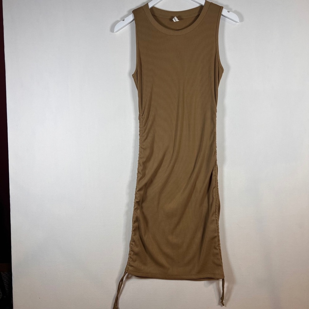 Wishlist Ruched Bodycon Dress Womens Small Brown Ribbed Knit Sleeveless Midi